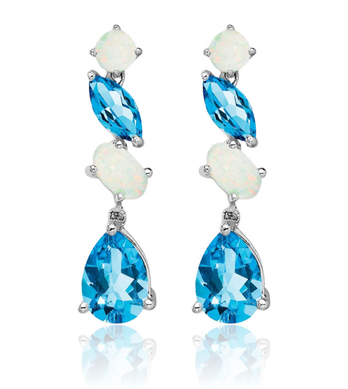 14K Solid White Gold Swiss Blue Topaz Opal Drop Dangle Earrings Pear Teardrop Gemstone December Birthstone Jewelry