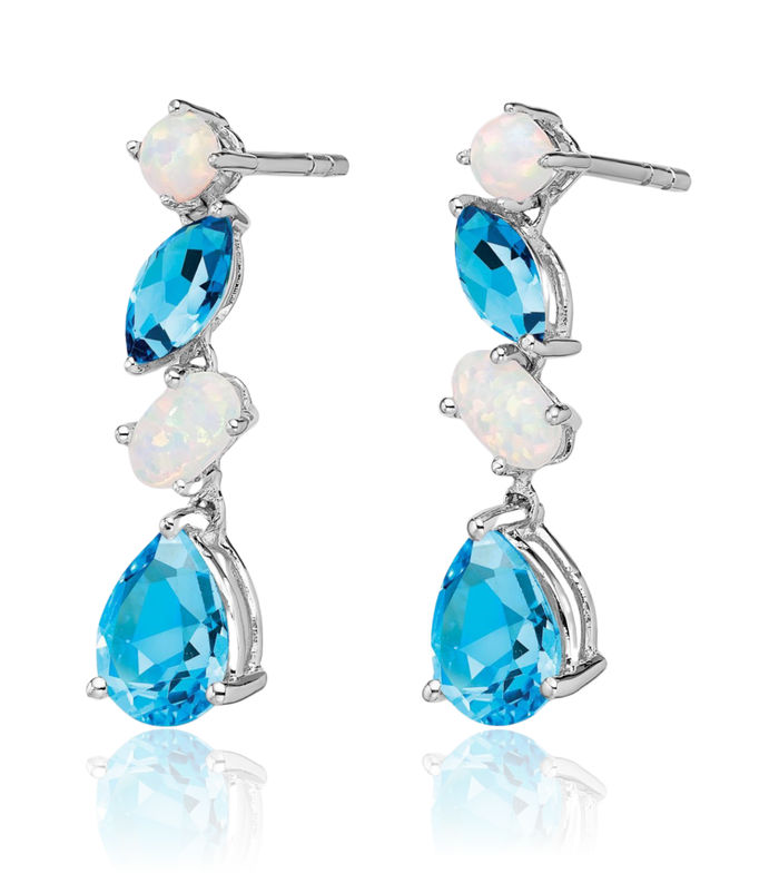 14K Solid White Gold Swiss Blue Topaz Opal Drop Dangle Earrings Pear Teardrop Gemstone December Birthstone Jewelry