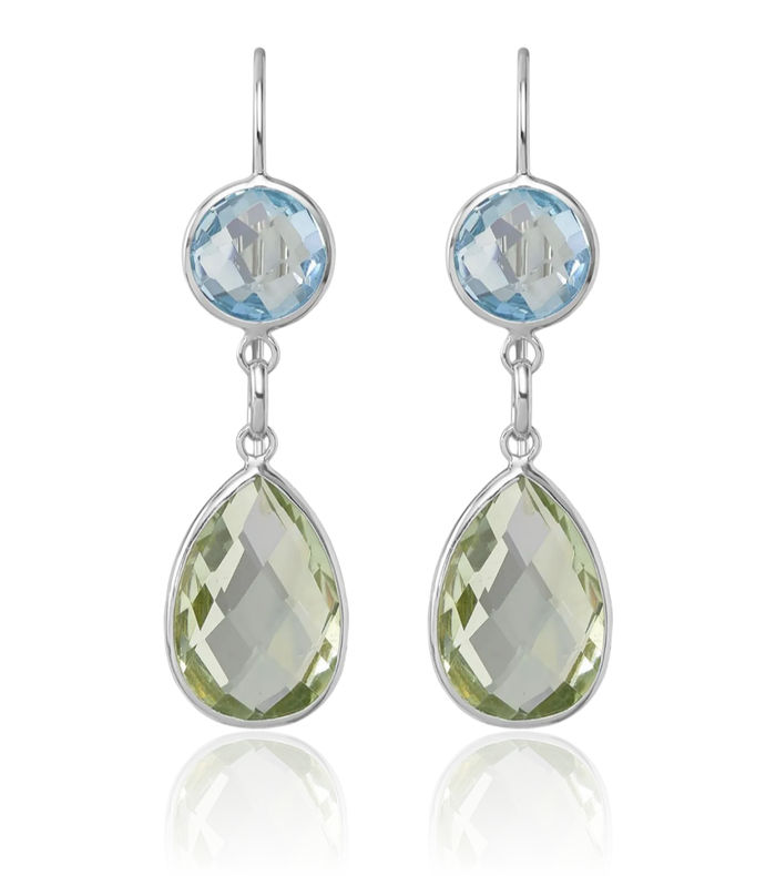 14K Solid White Gold Swiss Blue Topaz Green Quartz Drop Dangle Earrings Pear Teardrop Gemstone