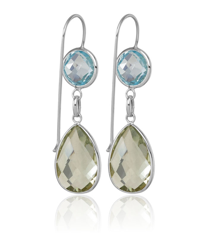 14K Solid White Gold Swiss Blue Topaz Green Quartz Drop Dangle Earrings Pear Teardrop Gemstone