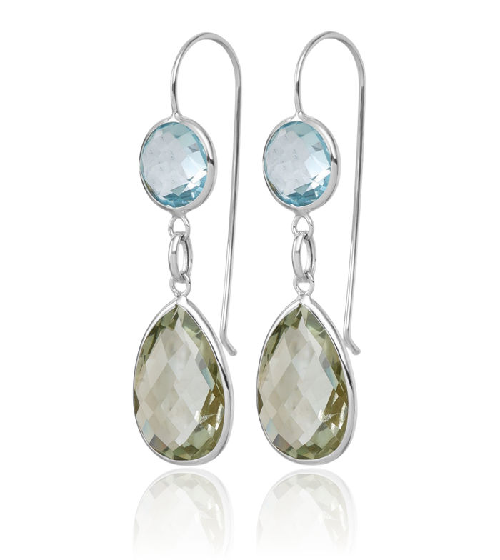 14K Solid White Gold Swiss Blue Topaz Green Quartz Drop Dangle Earrings Pear Teardrop Gemstone