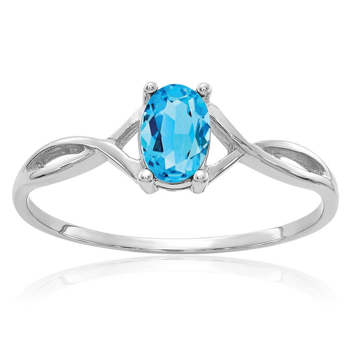 14K Solid White Gold Swiss Blue Topaz Ring December Birthstone Jewelry