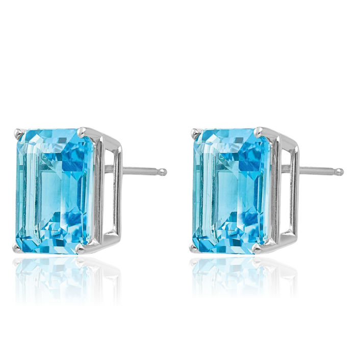 14K Solid White Gold Swiss Blue Topaz Studs Gemstone Solitaire Earrings December Birthstone Jewelry