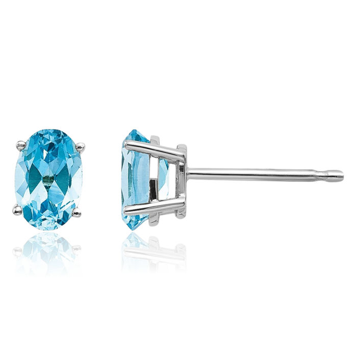 14K Solid White Gold Swiss Blue Topaz Studs Gemstone Solitaire Earrings December Birthstone Jewelry