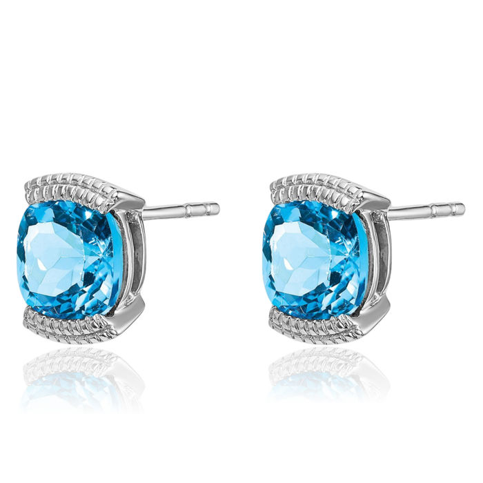 14K Solid White Gold Swiss Blue Topaz Studs Gemstone Earrings December Birthstone Jewelry