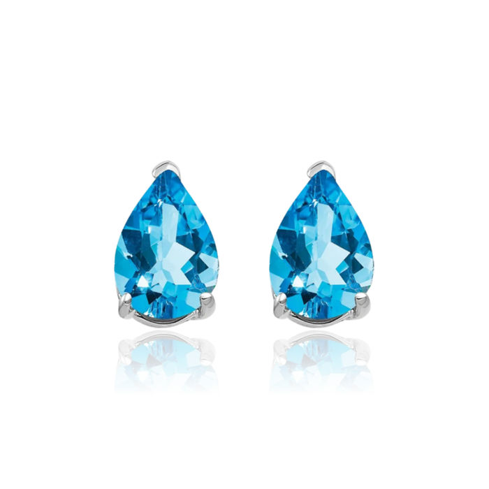 14K Solid White Gold Swiss Blue Topaz Studs Pear Teardrop Gemstone Solitaire Earrings December Birthstone Jewelry