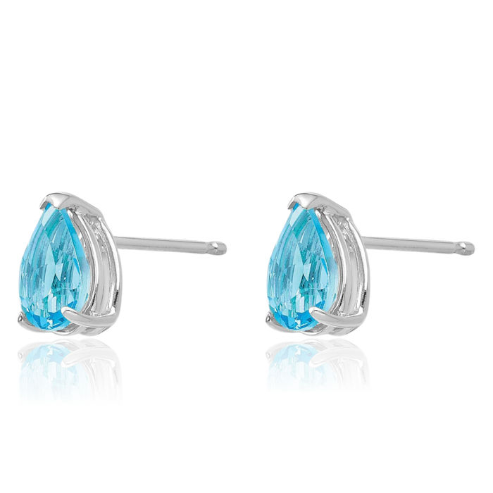 14K Solid White Gold Swiss Blue Topaz Studs Pear Teardrop Gemstone Solitaire Earrings December Birthstone Jewelry