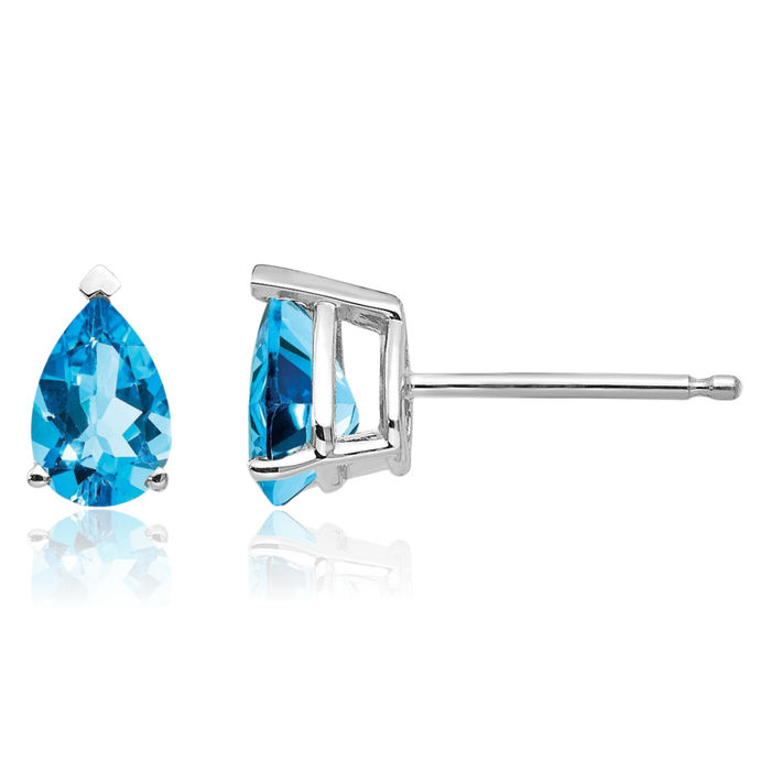 14K Solid White Gold Swiss Blue Topaz Studs Pear Teardrop Gemstone Solitaire Earrings December Birthstone Jewelry