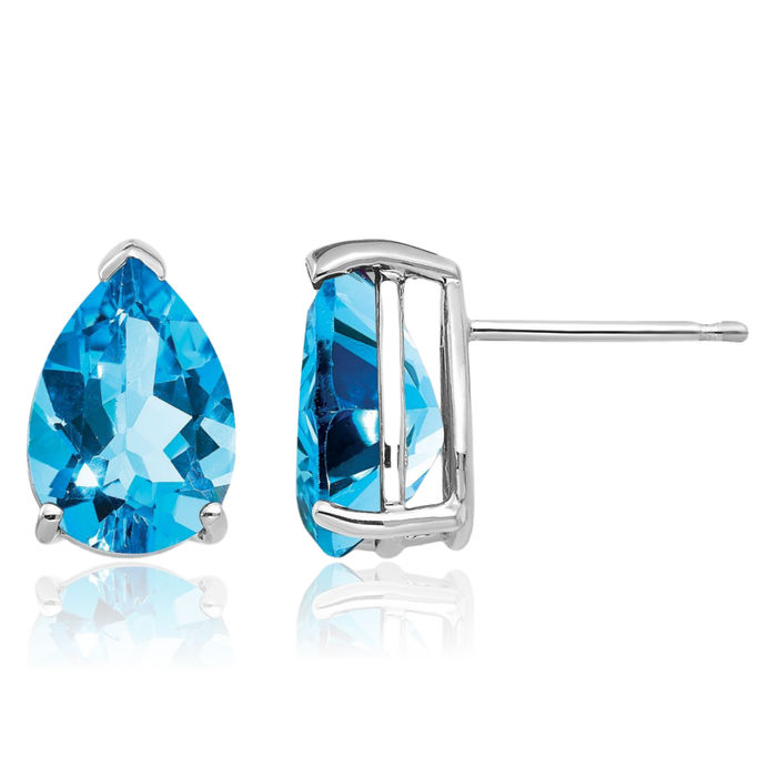 14K Solid White Gold Swiss Blue Topaz Studs Pear Teardrop Gemstone Solitaire Earrings December Birthstone Jewelry