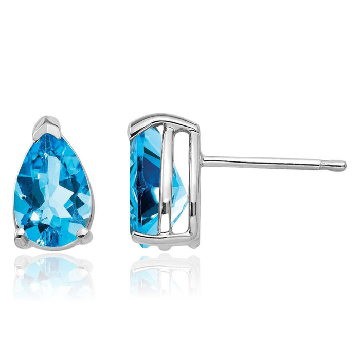 14K Solid White Gold Swiss Blue Topaz Studs Pear Teardrop Gemstone Solitaire Earrings December Birthstone Jewelry