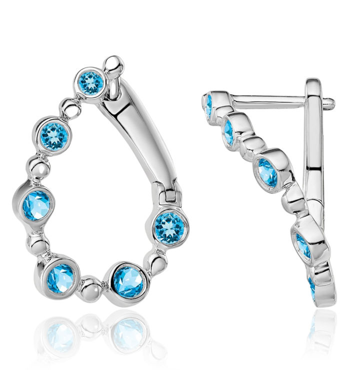 14K Solid White Gold Swiss Blue Topaz Teardrop Huggie Small Hoop Earrings December Birthstone Jewelry