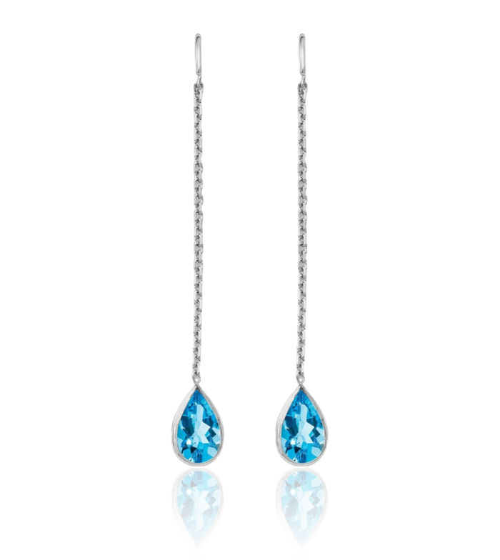 14K Solid White Gold Swiss Blue Topaz Threader Drop Dangle Earrings Pear Teardrop Gemstone December Birthstone Jewelry