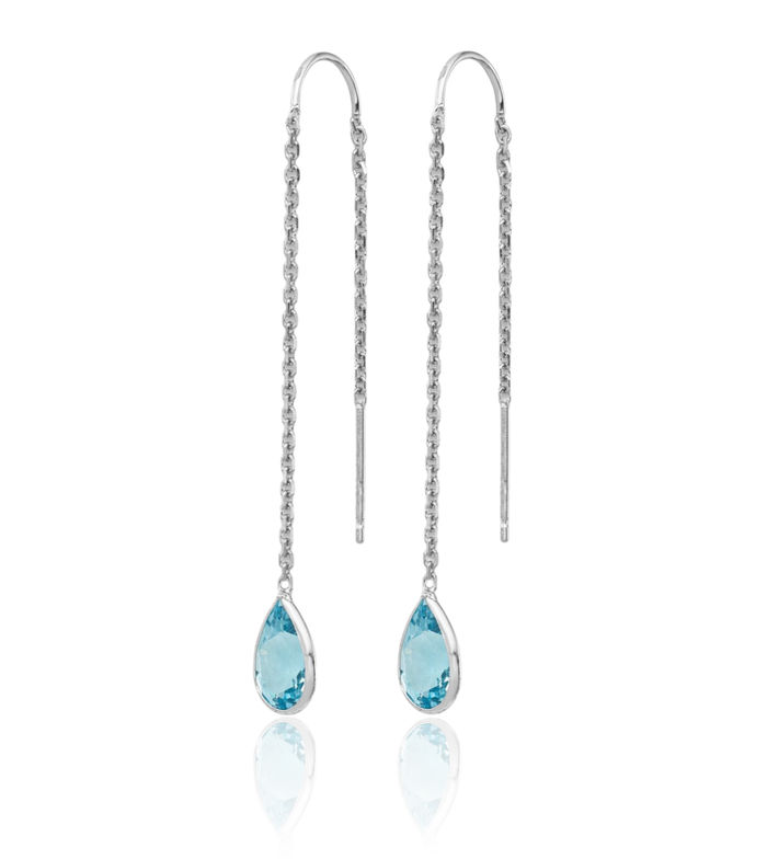 14K Solid White Gold Swiss Blue Topaz Threader Drop Dangle Earrings Pear Teardrop Gemstone December Birthstone Jewelry