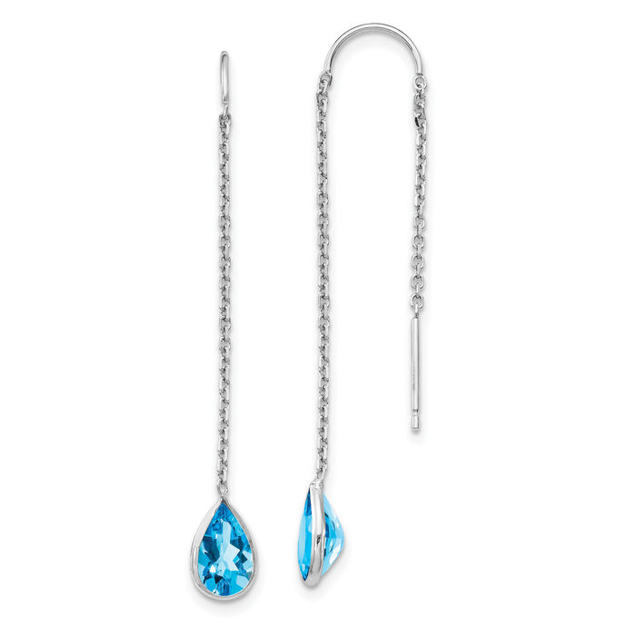 14K Solid White Gold Swiss Blue Topaz Threader Drop Dangle Earrings Pear Teardrop Gemstone December Birthstone Jewelry