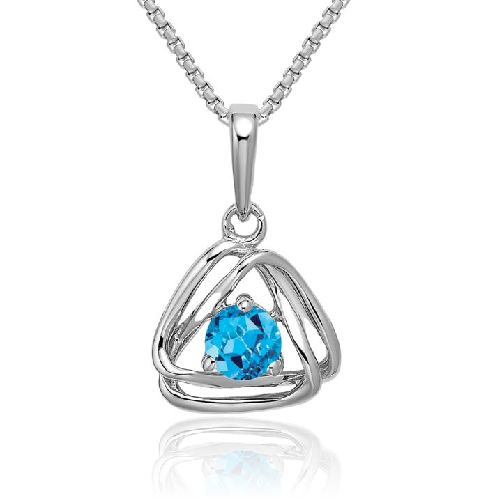 14K Solid White Gold Swiss Blue Topaz Triangle Geometric Necklace Charm Gemstone Pendant December Birthstone Jewelry