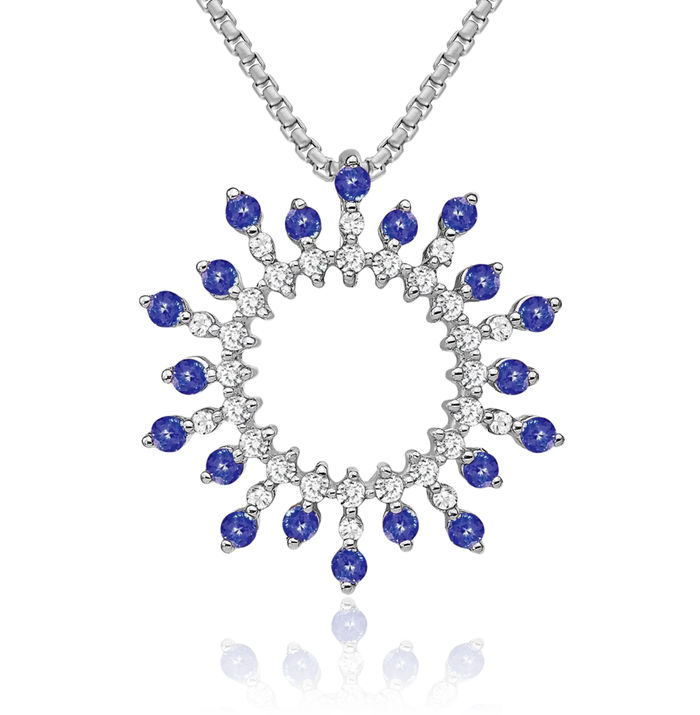 14K Solid White Gold Blue Tanzanite Diamond Snowflake Floating Chain Slide Gemstone Pendant Necklace Charm