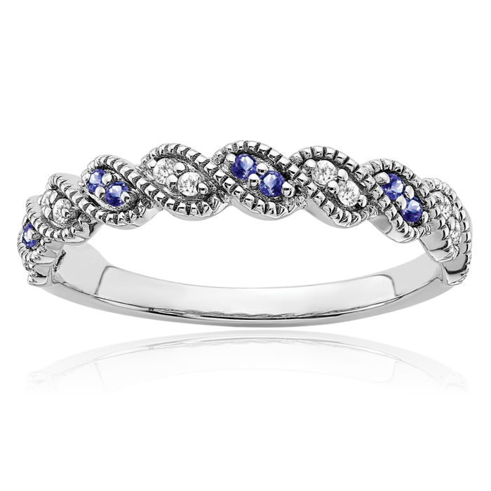 14K Solid White Gold Blue Tanzanite Diamond Twisted Woven Crisscross Band Statement Ring Gemstone