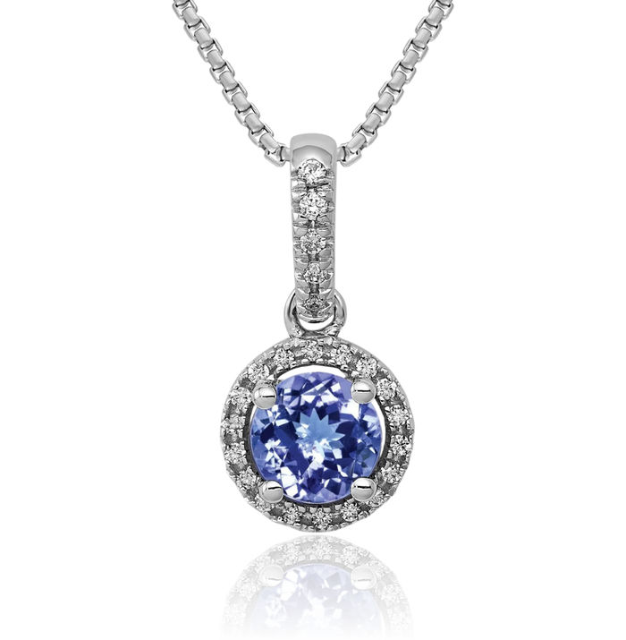 14K Solid White Gold Blue Tanzanite Halo Round Diamond Necklace Gemstone Pendant Charm