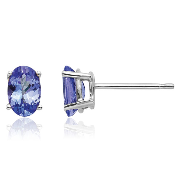 14K Solid White Gold Blue Tanzanite Studs Gemstone Solitaire Earrings December Birthstone Jewelry