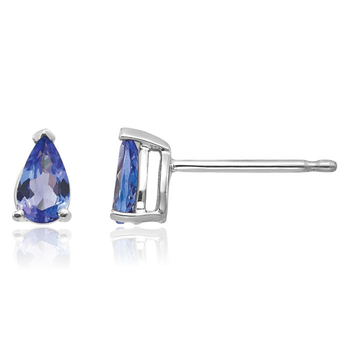 14K Solid White Gold Blue Tanzanite Studs Pear Teardrop Gemstone Solitaire Earrings December Birthstone Jewelry