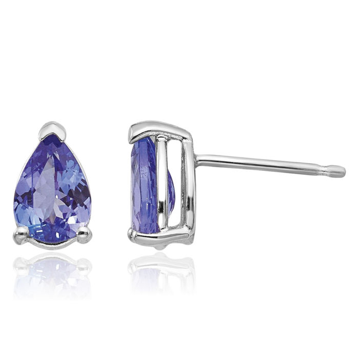 14K Solid White Gold Blue Tanzanite Studs Pear Teardrop Gemstone Solitaire Earrings December Birthstone Jewelry