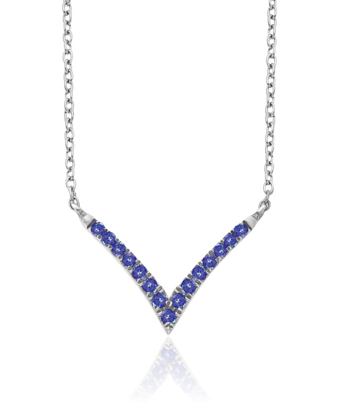 14K Solid White Gold Blue Tanzanite V Chain Bar Necklace