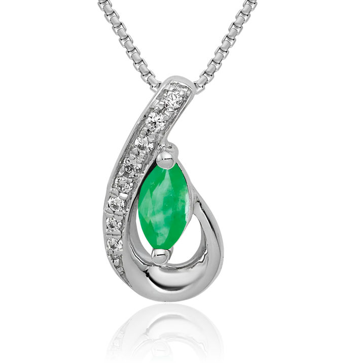 14K Solid White Gold Teardrop Diamond Green Emerald Necklace Charm Gemstone Pendant