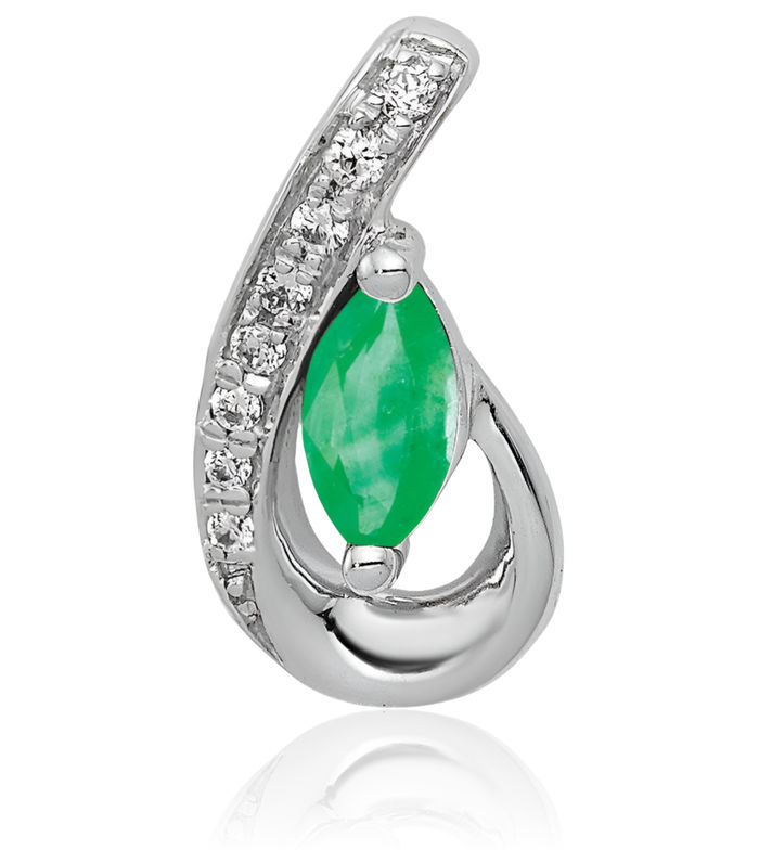 14K Solid White Gold Teardrop Diamond Green Emerald Necklace Charm Gemstone Pendant