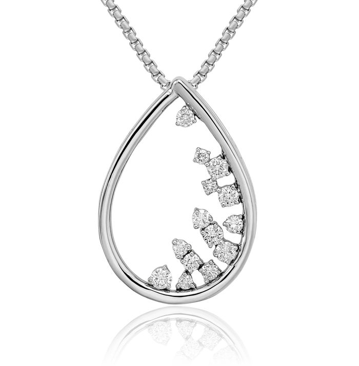 14K Solid White Gold Teardrop Diamond Floating Chain Slide Pendant Necklace Pear Charm