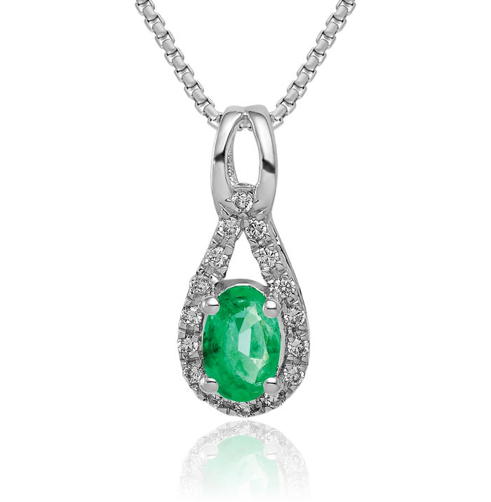 14K Solid White Gold Teardrop Diamond Oval Green Emerald Necklace Gemstone Pendant Charm