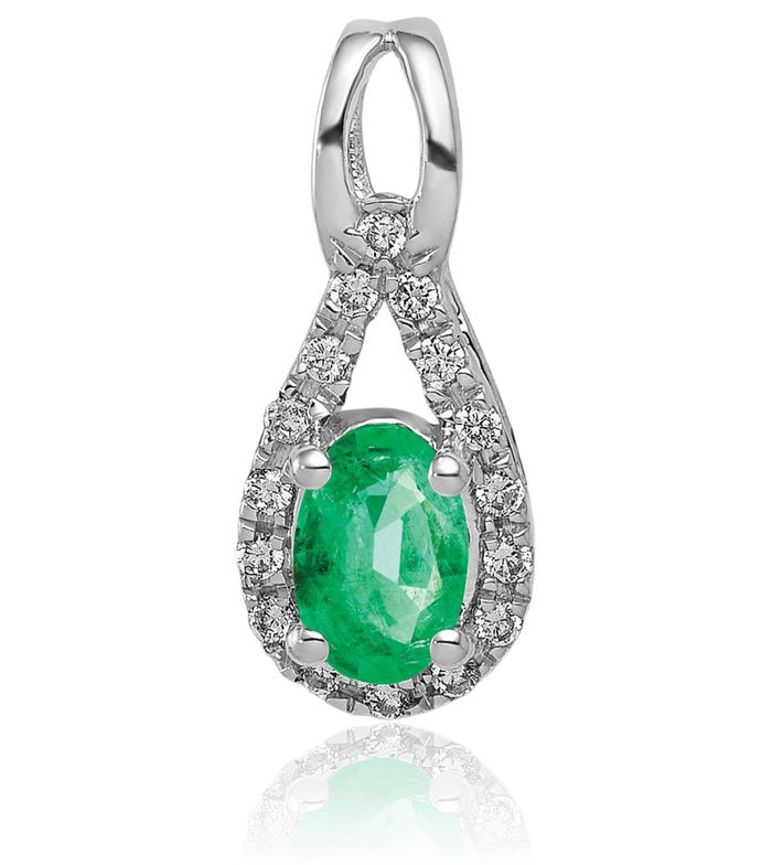 14K Solid White Gold Teardrop Diamond Oval Green Emerald Necklace Gemstone Pendant Charm