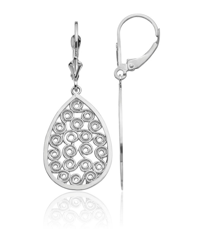 14K Solid White Gold Teardrop Antique Filigree Drop Dangle Earrings