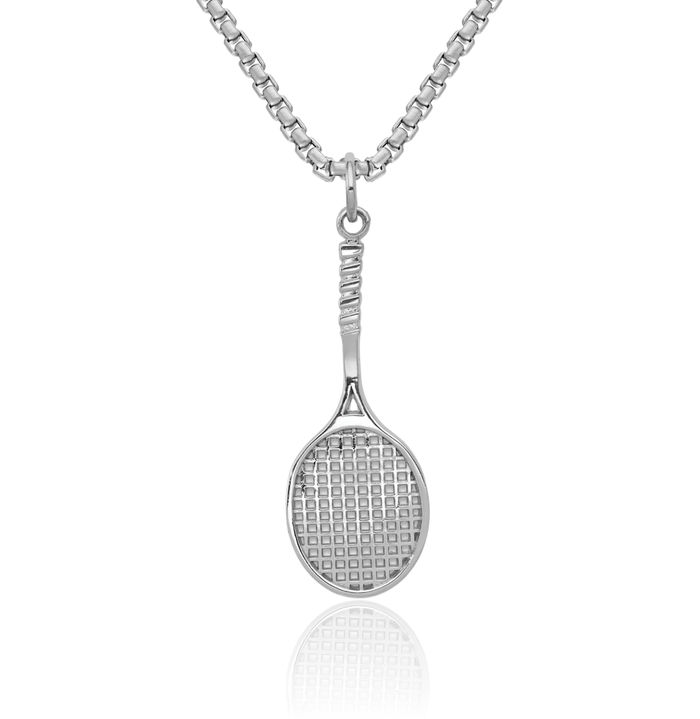 14K Solid White Gold Tennis Racquet Necklace Charm Sports Pendant