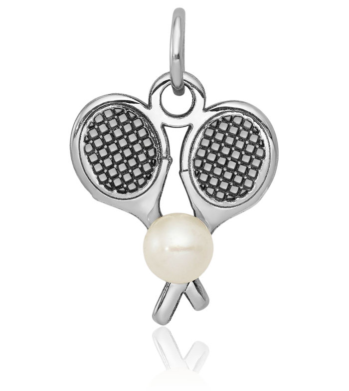 14K Solid White Gold Tennis Racquets Freshwater Cultured Pearl Necklace Charm Sports Pendant