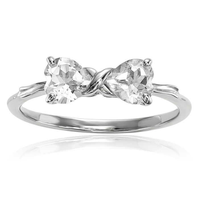 14K Solid White Gold Topaz Bow Heart Ring Love Band April Birthstone Jewelry