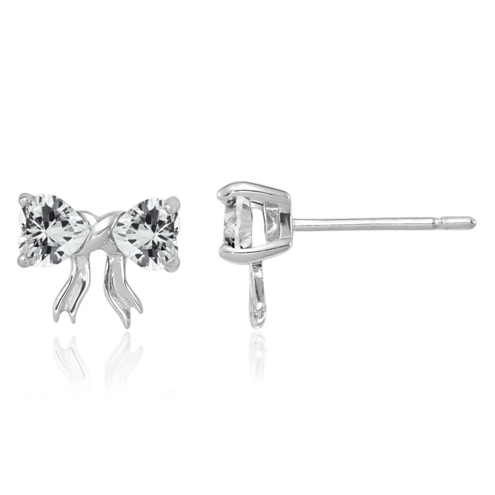 14K Solid White Gold Topaz Bow Heart Stud Earrings April Birthstone Jewelry