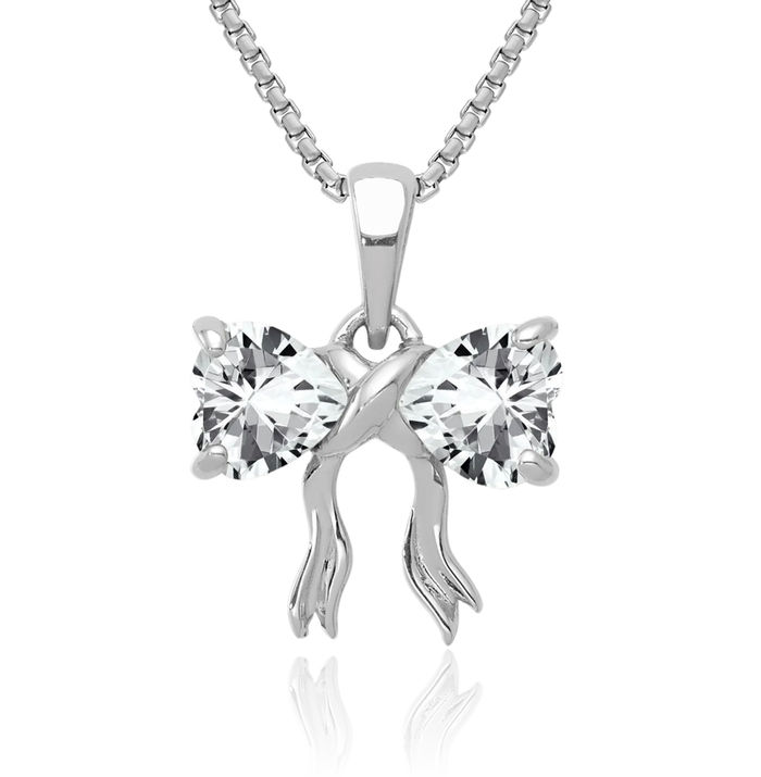 14K Solid White Gold Topaz Bow Necklace Heart Gemstone Pendant Charm April Birthstone Jewelry