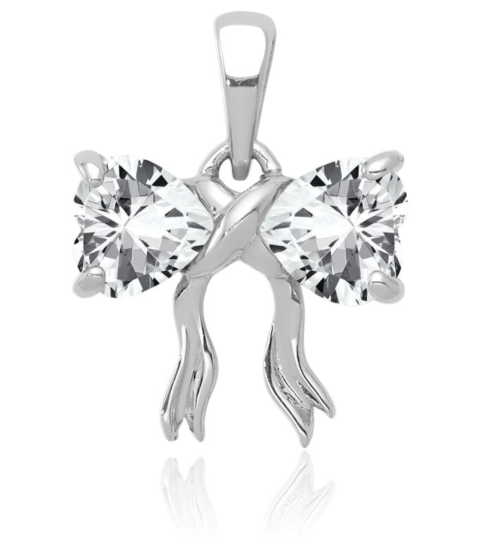 14K Solid White Gold Topaz Bow Necklace Heart Gemstone Pendant Charm April Birthstone Jewelry