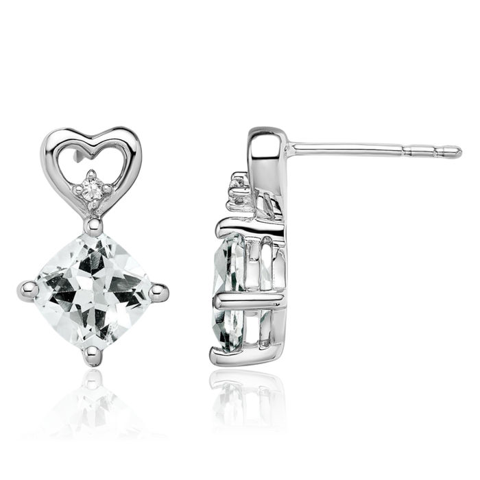 14K Solid White Gold Topaz Diamond Heart Drop Dangle Earrings April Birthstone Jewelry