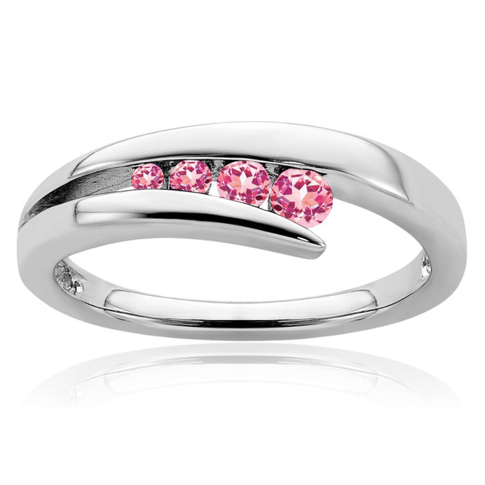 14K Solid White Gold Pink Tourmaline 4 Stone Ring Gemstone Band October Birthstone Jewelry