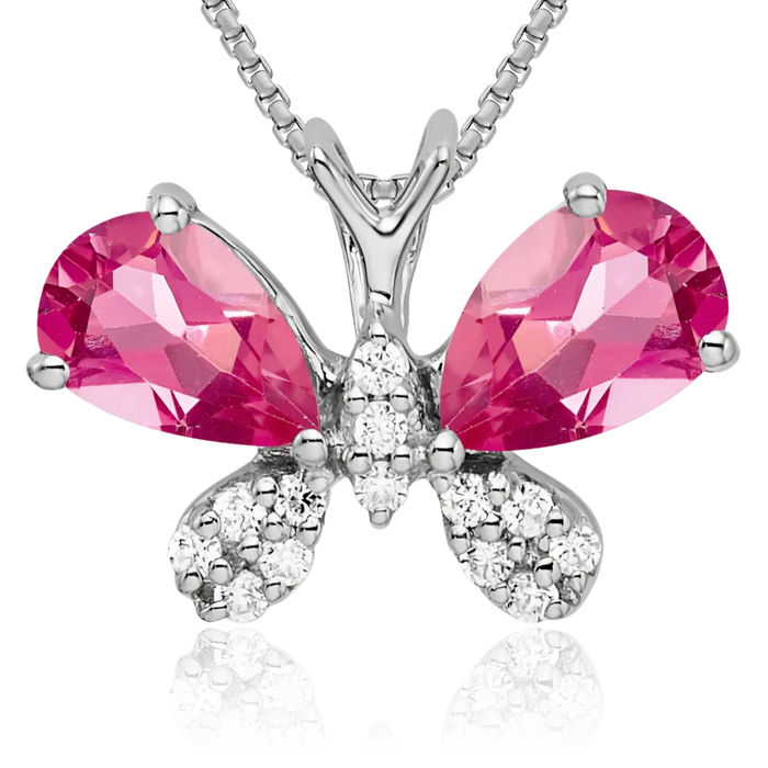 14K Solid White Gold Pink Tourmaline Diamond Butterfly Wings Floating Chain Slide Gemstone Pendant Necklace Charm