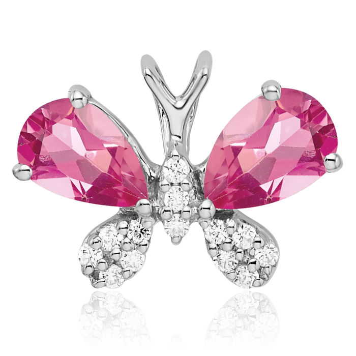 14K Solid White Gold Pink Tourmaline Diamond Butterfly Wings Floating Chain Slide Gemstone Pendant Necklace Charm