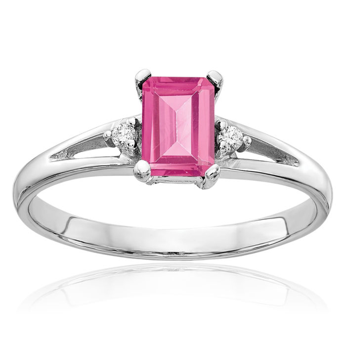 14K Solid White Gold Pink Tourmaline Diamond Ring Gemstone Band October Birthstone Jewelry
