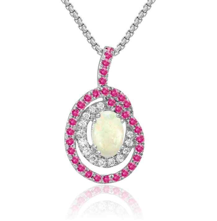 14K Solid White Gold Pink Tourmaline Opal Diamond Floating Chain Slide Gemstone Pendant Necklace Charm