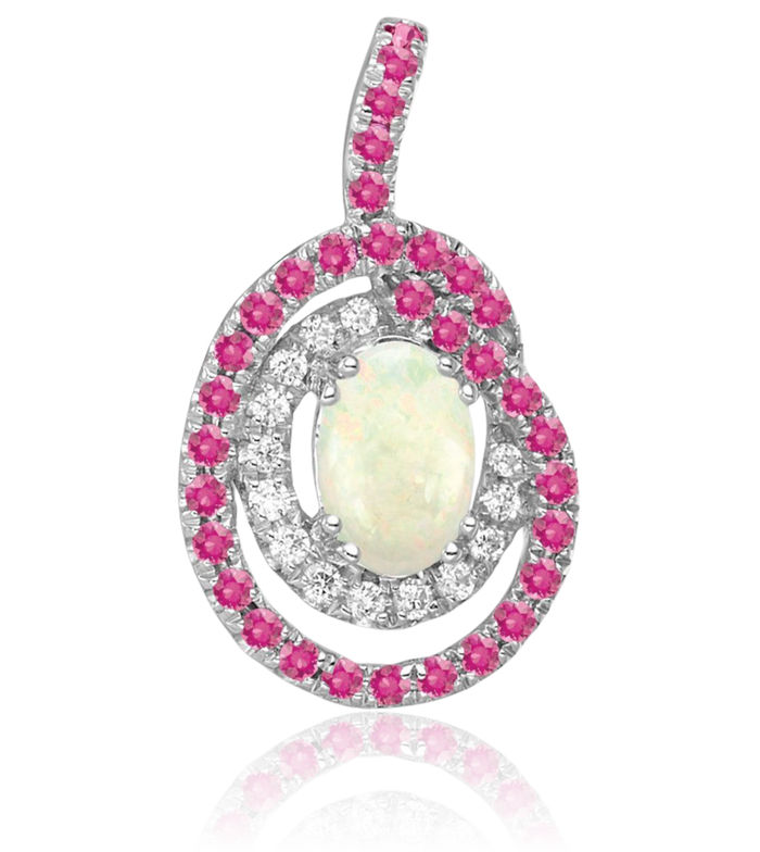 14K Solid White Gold Pink Tourmaline Opal Diamond Floating Chain Slide Gemstone Pendant Necklace Charm