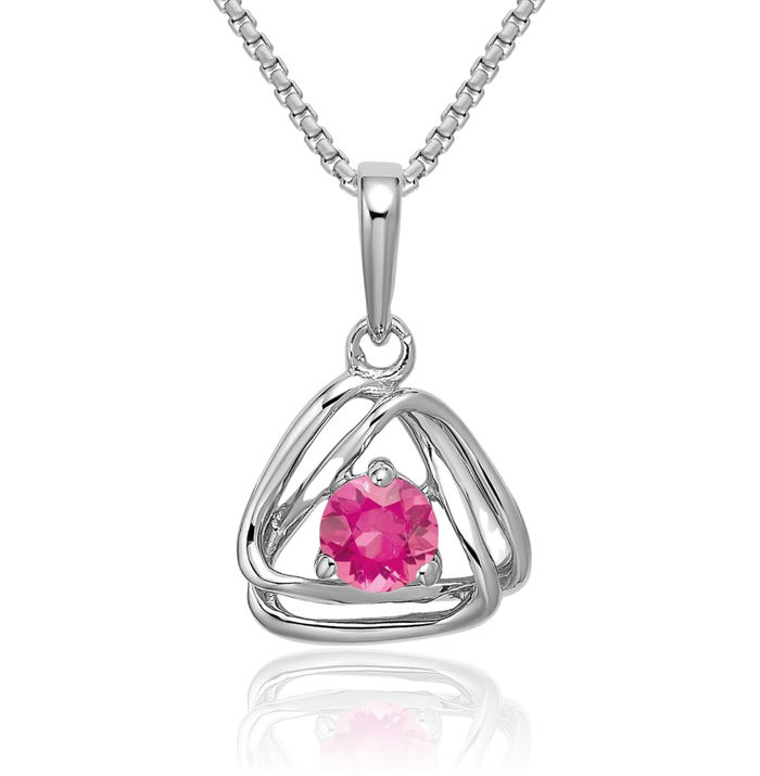 14K Solid White Gold Pink Tourmaline Triangle Geometric Necklace Charm Gemstone Pendant October Birthstone Jewelry