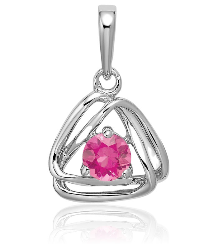 14K Solid White Gold Pink Tourmaline Triangle Geometric Necklace Charm Gemstone Pendant October Birthstone Jewelry