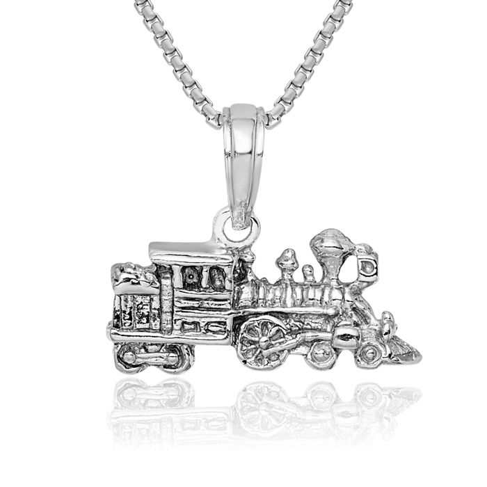 14K Solid White Gold Train Necklace Chain Pendant Charm