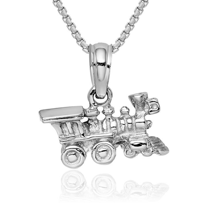 14K Solid White Gold Train Necklace Chain Pendant Charm