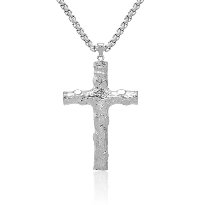 14K Solid White Gold Tree of Life Latin Mexican Holy Cross Necklace Religious Chain Pendant Jesus Christ Charm